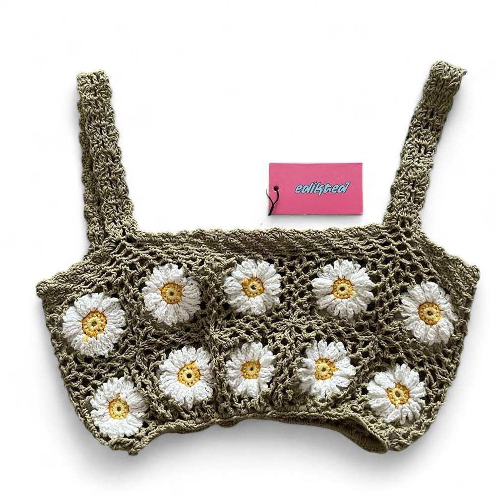 Edikted Green Crochet Top with Daisy Accents